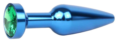Удлиненная коническая гладкая синяя Анальная пробка с зеленым кристаллом 11,3 см Anal Jewelry Plug (голубой) 