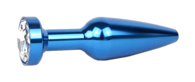 Удлиненная коническая гладкая синяя Анальная пробка с прозрачным кристаллом 11,3 см Anal Jewelry Plug (синий) 