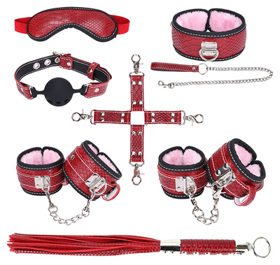 БДСМ комплект: маска, ошейник, кляп, фиксатор, наручники, оковы, плеть NOTABU (красный) 