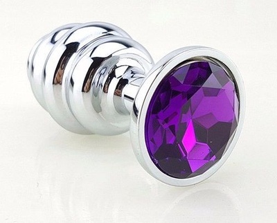 Серебристая рифлёная пробка с фиолетовым кристаллом - 9 см. 4sexdream (фиолетовый) 
