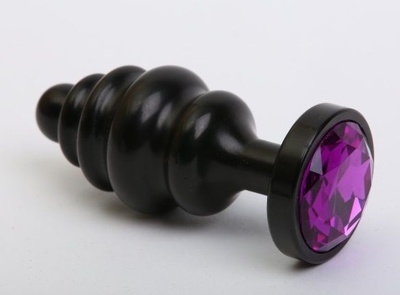 Чёрная ребристая анальная пробка с фиолетовым кристаллом - 7,3 см. 4sexdream (фиолетовый) 