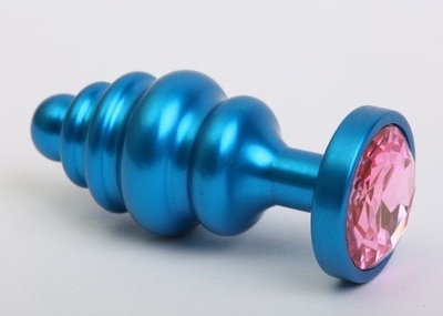Синяя ребристая анальная пробка с розовым кристаллом - 7,3 см. 4sexdream (розовый) 