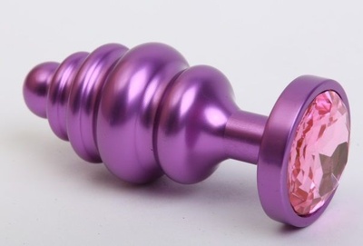 Фиолетовая ребристая анальная пробка с розовым кристаллом - 7,3 см. 4sexdream (розовый) 