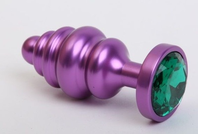 Фиолетовая ребристая анальная пробка с зеленым кристаллом - 7,3 см. 4sexdream (зеленый) 