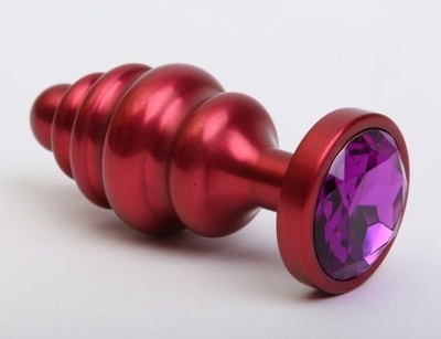 Красная ребристая анальная пробка с фиолетовым стразом - 7,3 см. 4sexdream (фиолетовый) 