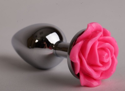 Серебристая анальная пробка с розовой розочкой - 8 см. 4sexdream (розовый) 