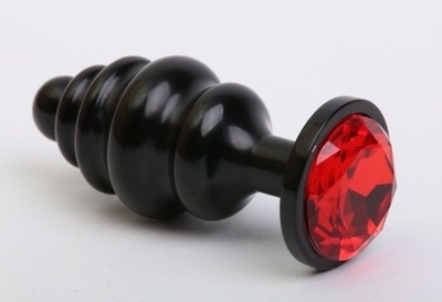 Чёрная ребристая анальная пробка с красным кристаллом - 7,3 см. 4sexdream (красный) 