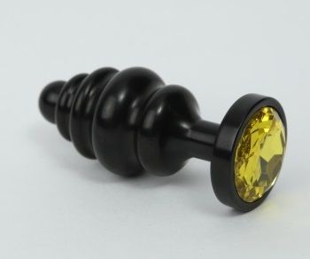 Чёрная ребристая анальная пробка с жёлтым кристаллом - 7,3 см. 4sexdream (желтый) 