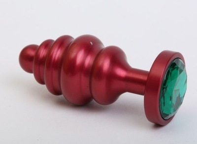 Красная ребристая анальная пробка с зеленым стразом - 7,3 см. 4sexdream (зеленый) 
