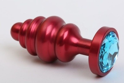 Красная ребристая анальная пробка с голубым стразом - 7,3 см. 4sexdream (нежно-голубой) 