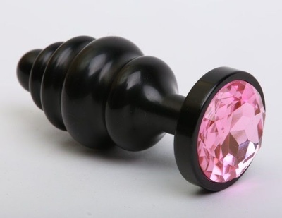 Чёрная ребристая анальная пробка с розовым кристаллом - 7,3 см. 4sexdream (розовый) 