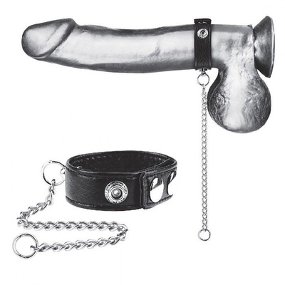 Утяжка на пенис с поводком Snap Cock Ring With 12" Leash BlueLine (черный с серебристым) 