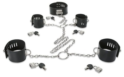 Набор для фиксации: наручники, оковы и ошейник, соединённые цепями и кольцами Пикантные штучки (черный) 
