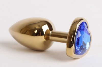 Золотистая анальная пробка с синим стразиком-сердечком - 8 см. 4sexdream (синий) 