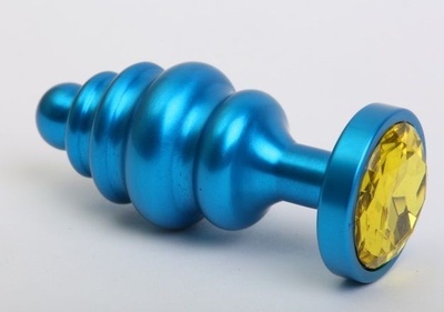Синяя ребристая анальная пробка с жёлтым кристаллом - 7,3 см. 4sexdream (желтый) 