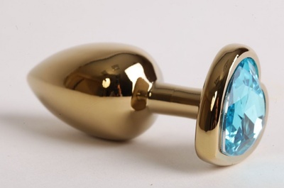 Золотистая анальная пробка с голубым стразиком-сердечком - 7,5 см. 4sexdream (нежно-голубой) 