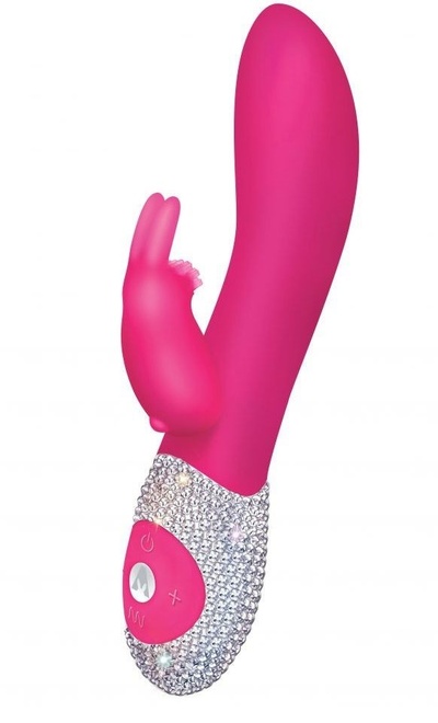 Ярко-розовый вибромассажёр с клиторальным отростком и отделанной стразами рукоятью The Classic Rabbit - 22 см. The Rabbit Company 