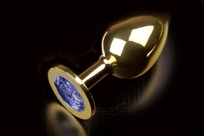 Большая золотая анальная пробка с закругленным кончиком и синим кристаллом - 9 см. Пикантные штучки (синий) 