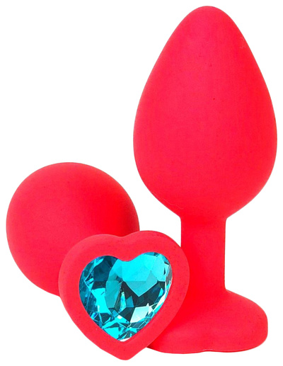 Красная силиконовая анальная пробка с голубым стразом-сердцем 10,5 см Vandersex 134391-SM (красный) 