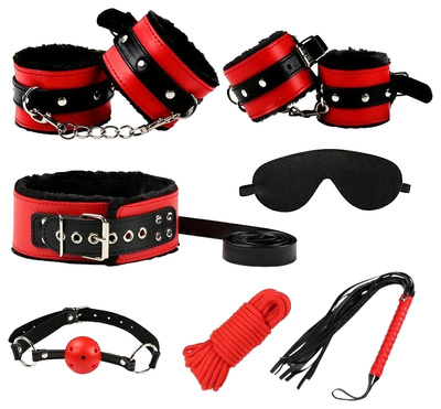 Набор БДСМ маска, кляп, веревка, плетка, ошейник, наручники, оковы красный-черный NOTABU (красный; черный) 