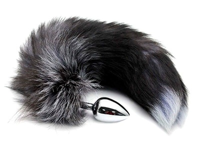 Серебристая анальная пробка с темным лисьим хвостом Black & White Fox Tail Size M Adrien Lastic (серебристый; разноцветный) 
