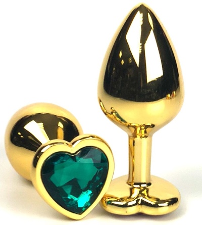 Анальная пробка Vandersex с зеленым кристаллом-сердцем 8 см золотистая Золотистая анальная пробка с зеленым кристаллом-сердцем - 8 см. (золотистый) 