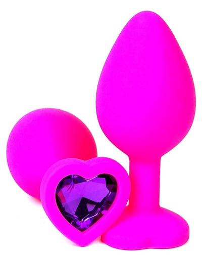 Анальная пробка Vandersex с фиолетовым кристаллом-сердцем силиконовая 10,5 см розовая Розовая силиконовая пробка с фиолетовым кристаллом-сердцем - 10,5 см. (розовый) 