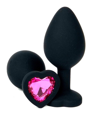 Анальная пробка Vandersex с розовым кристаллом-сердцем силиконовая 10,5 см черная Черная силиконовая пробка с розовым кристаллом-сердцем - 10,5 см. (черный) 