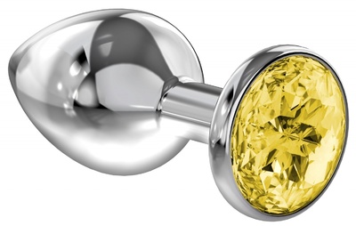 Большая серебристая анальная пробка Diamond Yellow Sparkle Large с жёлтым кристаллом 8 см. Lola Games (желтый; серебристый) 