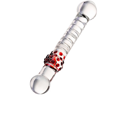Стеклянный стимулятор с ручкой-шаром и цветными пупырышками 21 см Sexus 912078 (красный; прозрачный) 
