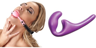 Фиолетовый безремневой анальный страпон «Natural Seduction» и Кляп с фиксацией на голове Bad Kitty «Knebel» Lola Toys (Розовый) 