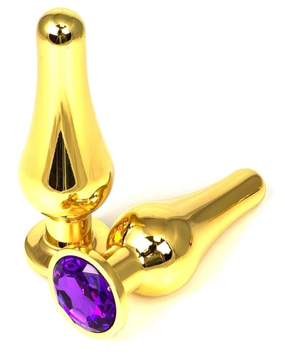 Анальная пробка Vandersex удлиненная с фиолетовым кристаллом 9 см золотистая Золотистая удлиненная анальная пробка с фиолетовым кристаллом - 9 см. (золотистый) 