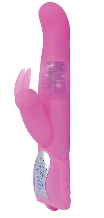 Розовый вибратор LAYLA GIGLI с загнутым кончиком и клиторальным отростком - 25 см. Seven Creations 