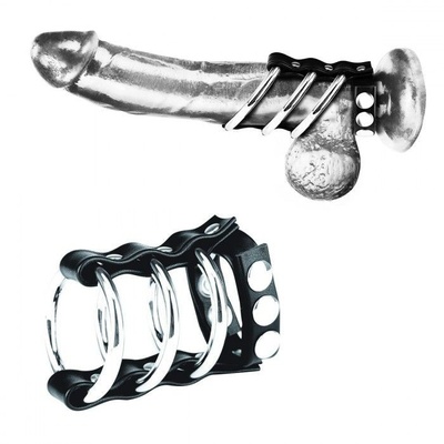 Тройное металлическое кольцо на пенис с регулируемым ремешком BlueLine (черный с серебристым) 