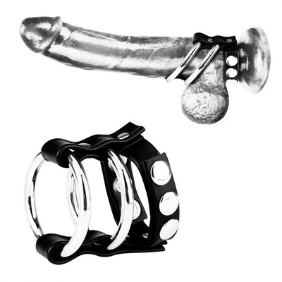 Двойное металлическое кольцо на пенис с регулируемым ремешком BlueLine (черный с серебристым) 