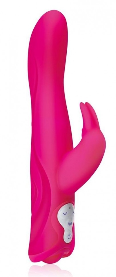 Розовый силиконовый вибромассажер с клиторальным отростком - 25 см. Erotic Fantasy 