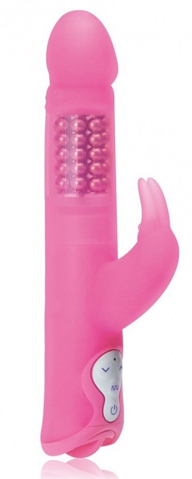 Розовый силиконовый вибратор с шариками и клиторальным отростком - 25 см. Erotic Fantasy 