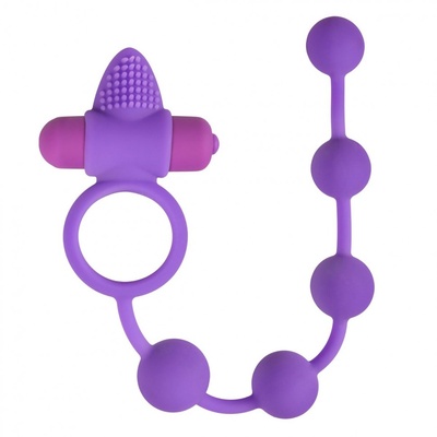Фиолетовое эрекционное виброкольцо с анальной цепочкой Triple Pleasure Easy toys (фиолетовый) 