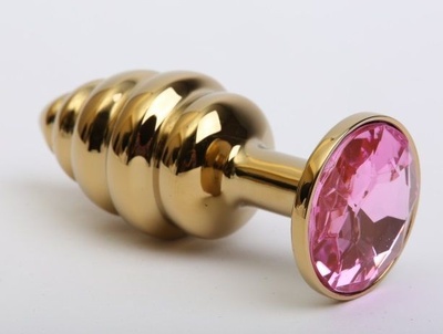 Золотистая рифлёная пробка с розовым стразом - 8,2 см. 4sexdream (розовый) 