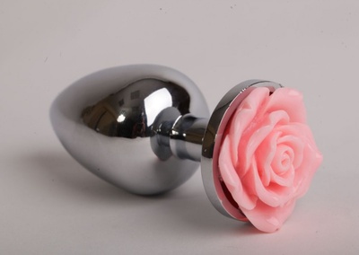 Серебристая анальная пробка со светло-розовой розочкой - 8 см. 4sexdream (нежно-розовый) 