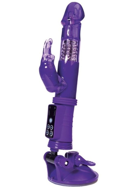Фиолетовый вибратор с вращением бусин, клиторальным зайчиком и надёжной присоской A-toys 