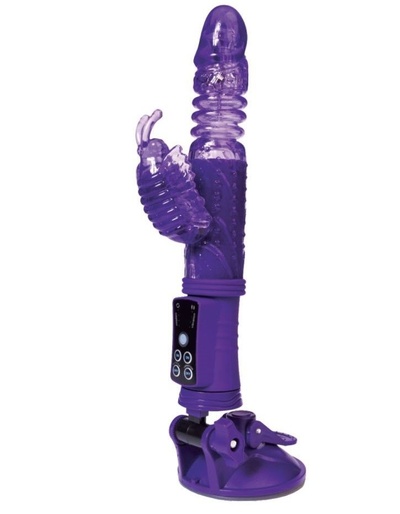 Фиолетовый вибратор с ротацией бусин, клиторальным стимулятором и надёжной присоской A-toys 