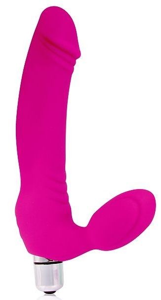 Розовый силиконовый безремневой страпон с вибрацией Bior toys 