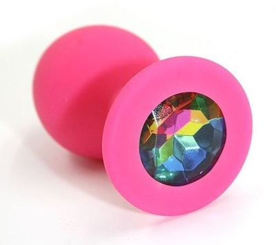 Розовая силиконовая анальная пробка с радужным кристаллом - 7 см. Kanikule (разноцветный) 