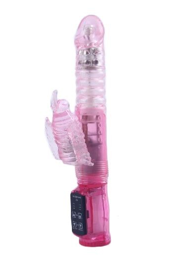 Розовый вибратор с ротацией, функцией Up&Down и клиторальным отростком - 23,5 см. White Label 