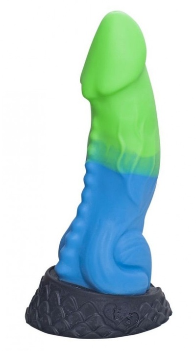 Голубой фаллоимитатор "Ночная Фурия Medium" с зелёным кончиком - 24,5 см. Erasexa (нежно-голубой) 