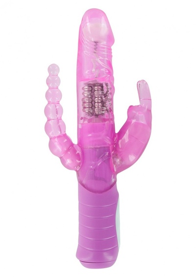 Розовый вибратор RABBIT DUAL PLEASURE с клиторальным и анальным стимуляторами - 22 см. Seven Creations 