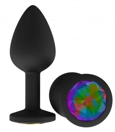 Чёрная анальная втулка с разноцветным кристаллом - 7,3 см. Джага Джага (разноцветный) 