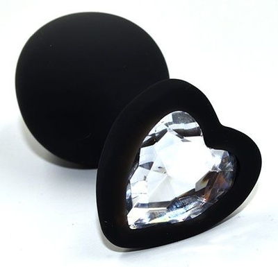 Черная анальная силиконовая пробка с прозрачным кристаллом в форме сердца - 8,8 см. Kanikule (прозрачный) 