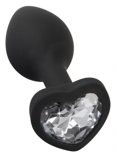 Черная силиконовая анальная пробка с прозрачным стразом-сердечком - 7,3 см. Orion (черный) 